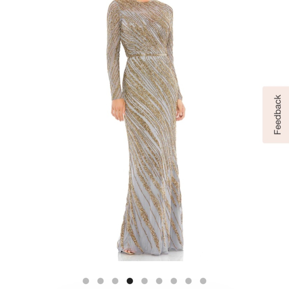 Mac Duggal Long Sleeve Beaded Column Gown in Platinum